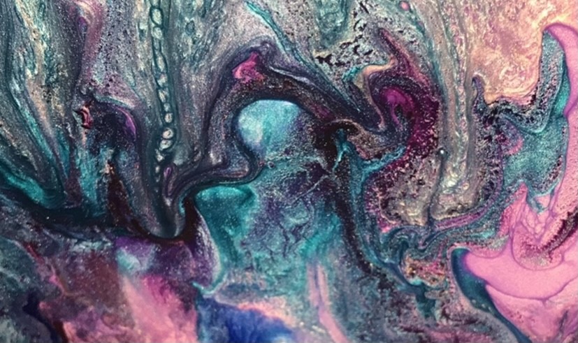Artwork by Davis; an acrylic pour featuring jewel tones of blue, purple, green, and black.