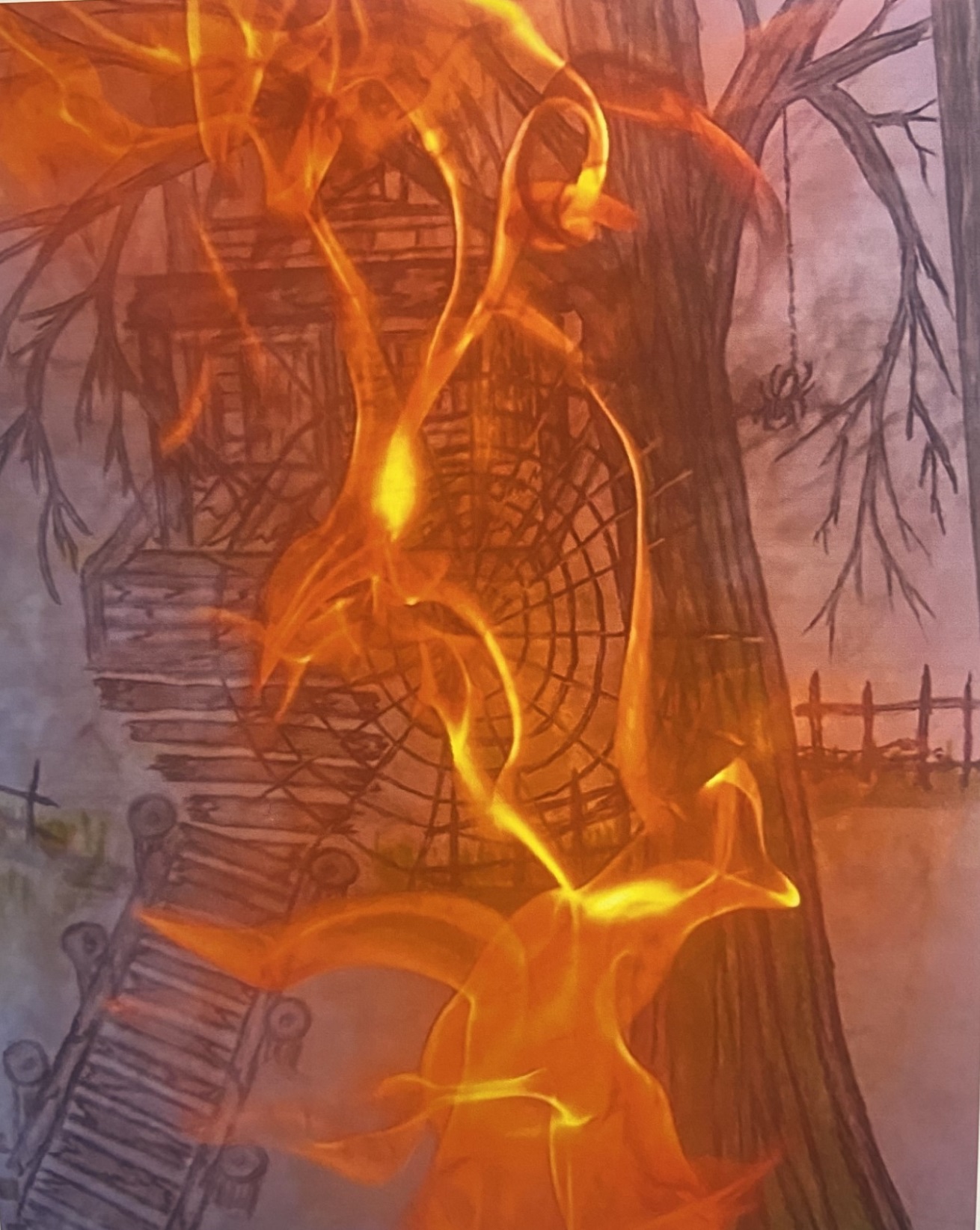 Photo of Calvin Ray Davis' art featuring a tree, fence, house, and flames