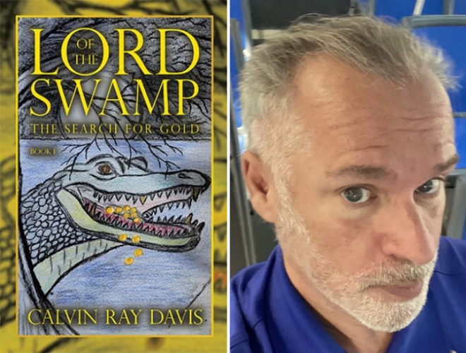 Photo of bus operator Calvin Ray Davis next to the cover of his recently published novel "Lord of the Swamp: The Search for Gold"
