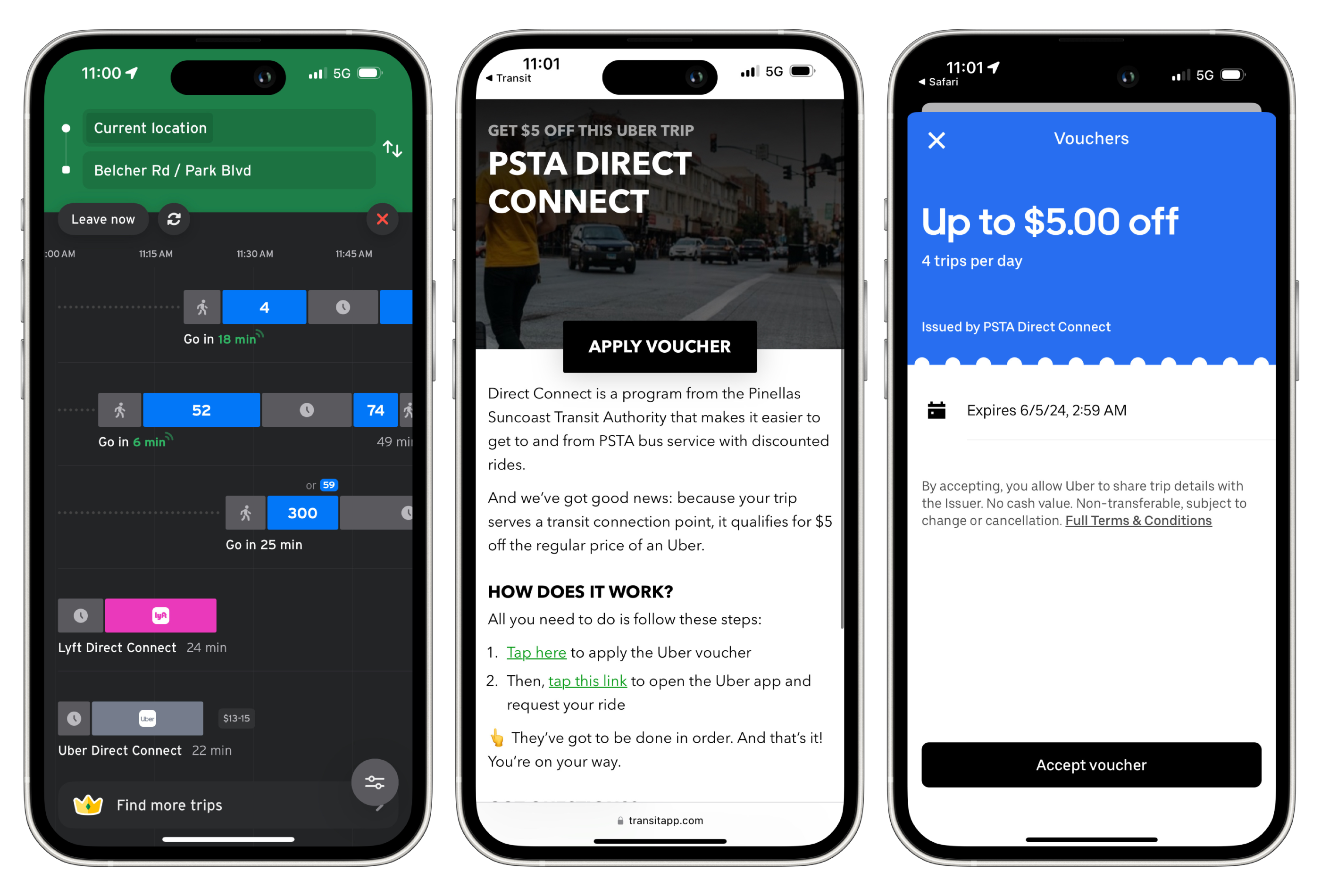 Three screenshots showing how to use the Direct Connect Uber vouchers for $5 off your ride
