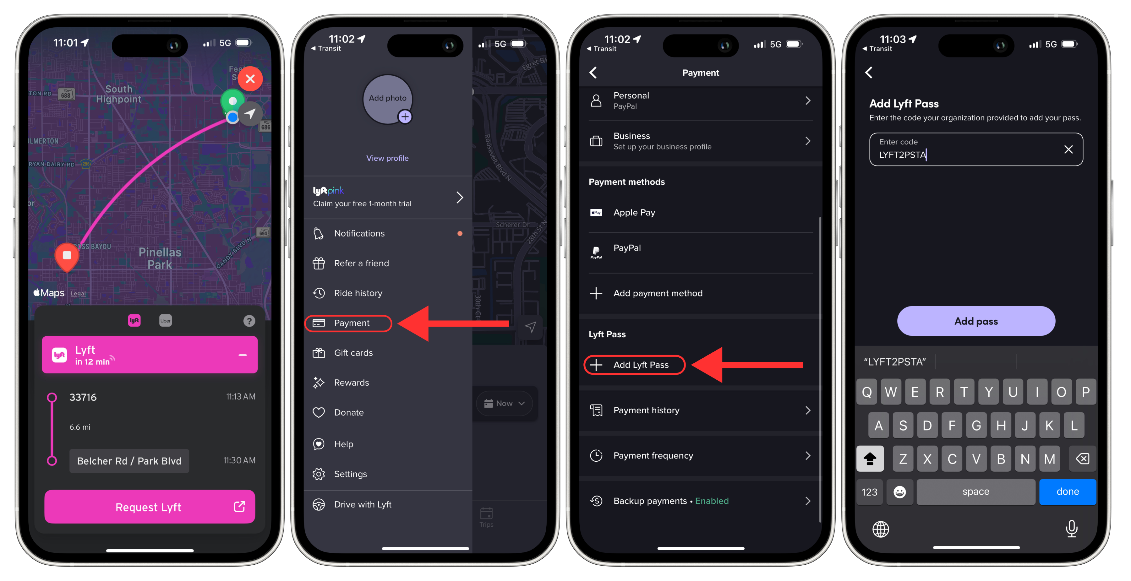 Four screenshots showing how to enter in the Direct Connect Lyft promo code to receive $5 off your ride