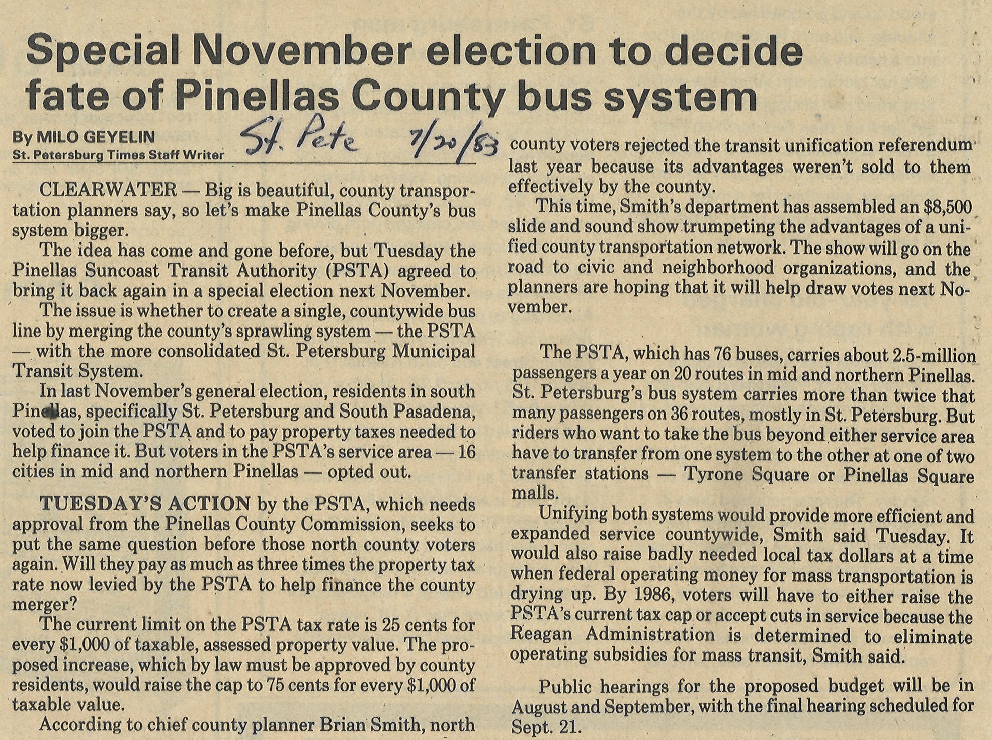A 1983 newspaper clipping titled "Special November Election to Decide Fate of Pinellas County Bus System"
