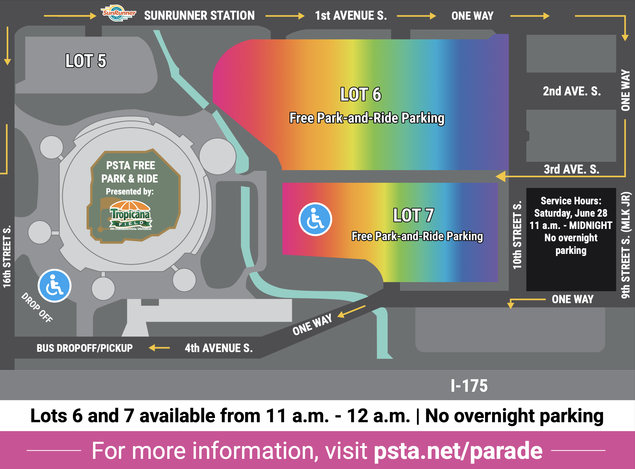 A map of Tropicana Field's Park and Ride; lots 6 and 7 are highlighted as the free lots.