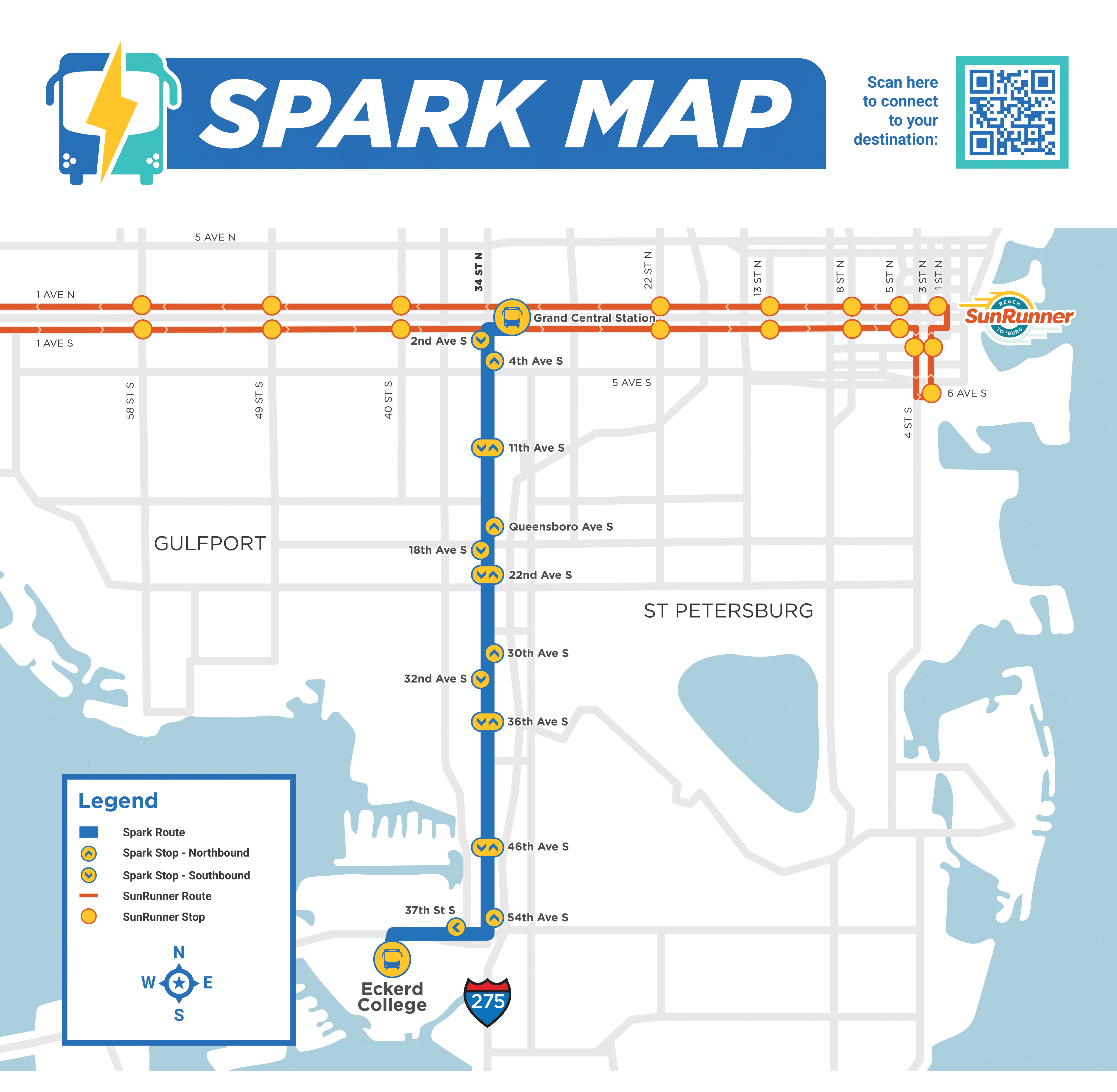 A map of southern Pinellas County showing a blue line north and south to represent the Spark route going from Eckerd College to Grand Central Station. It also shows how the Spark route connects with the SunRunner route, which is displayed in yellow and orange going east to west.